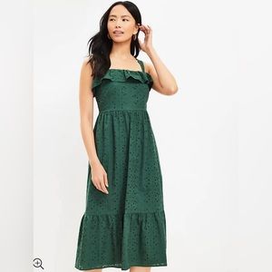 LOFT Petite Eyelet Ruffle Square Neck Midi Dress